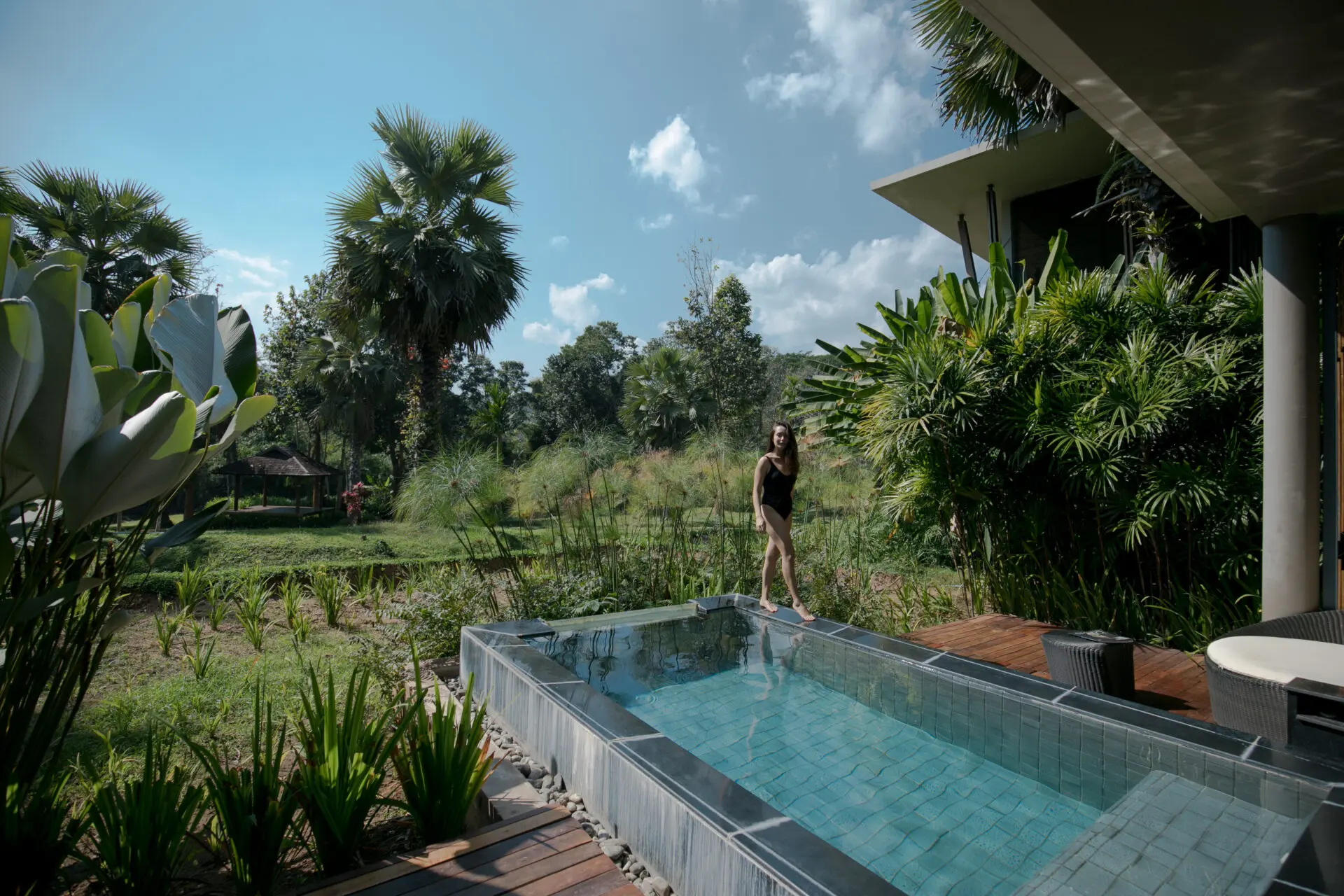 Outdoor terrace with private plunge pool offering a peaceful escape in the mountains.